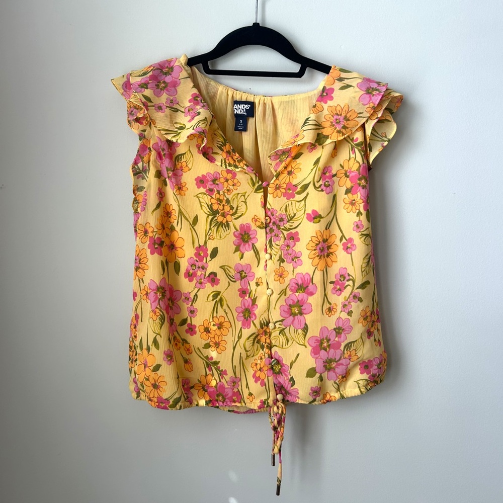 Lands' End Yellow Floral Ruffle Tie-Hem Shell Top